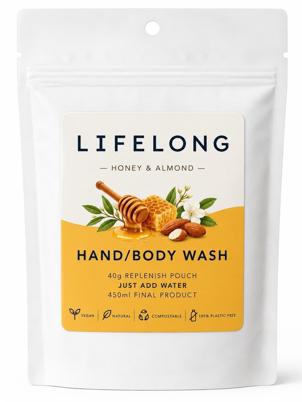 Lifelong Honey & Almond Hand & Body Wash Powder - 40g compostable replenish pouch, just add water, 450ml final product, vegan and 100% plastic-free.