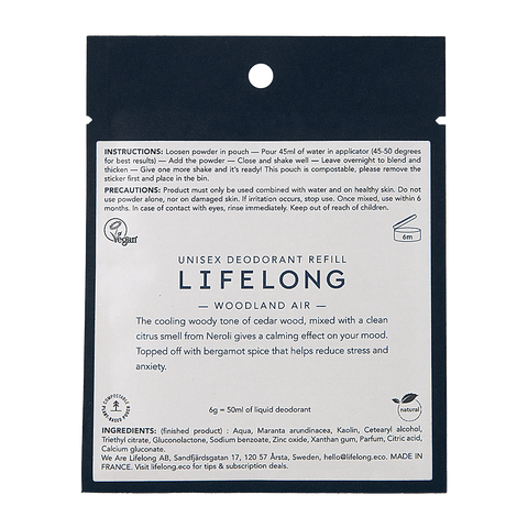 Lifelong Deo Woodland Air natural deodorant refill pouch — plastic-free and home compostable