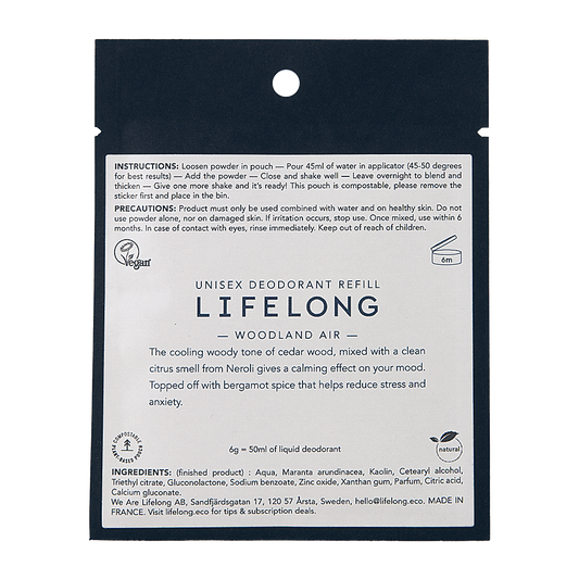 Lifelong Deo Woodland Air natural deodorant refill pouch — plastic-free and home compostable