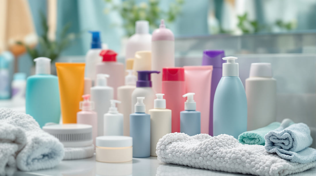 A collection of assorted toiletries—various plastic bottles and pump dispensers in pastel colors—arranged on a bathroom counter with a blurred sink and mirror background.