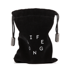Black travel bag for refillable deodorant  from the brand Lifelongdeo. Bag is velvet with a circle white logo saying Lifelong. The straps has knurled metal details in the ends. 