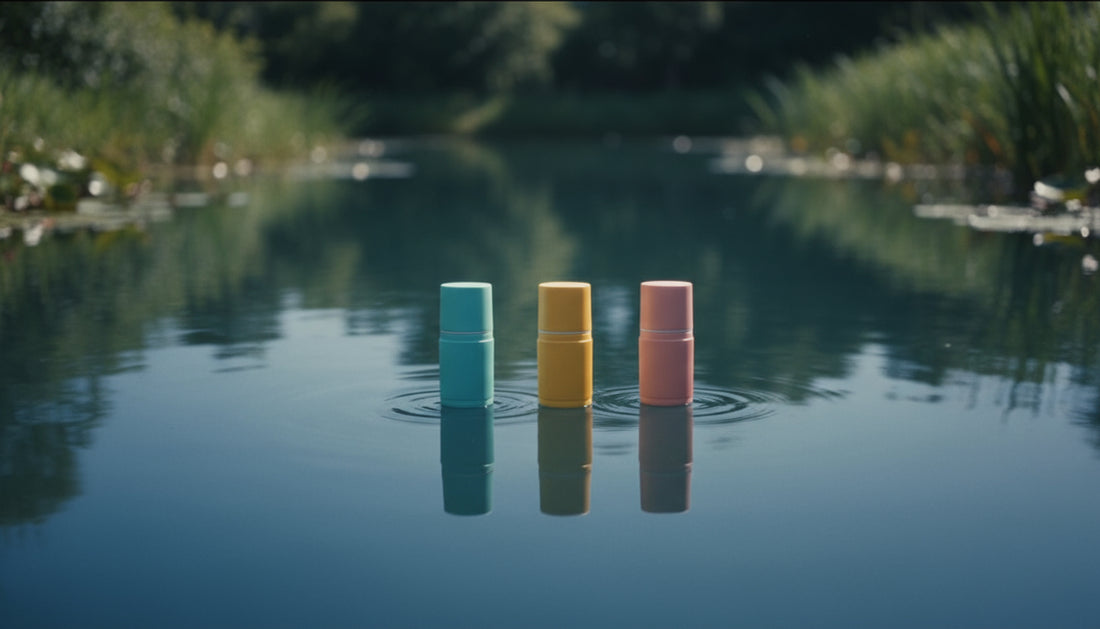 A cylindrical deodorant stick standing upright on a flat surface that appears wet or with a thin layer of water — with soft rippled water around its base — against a dark bluish-background.