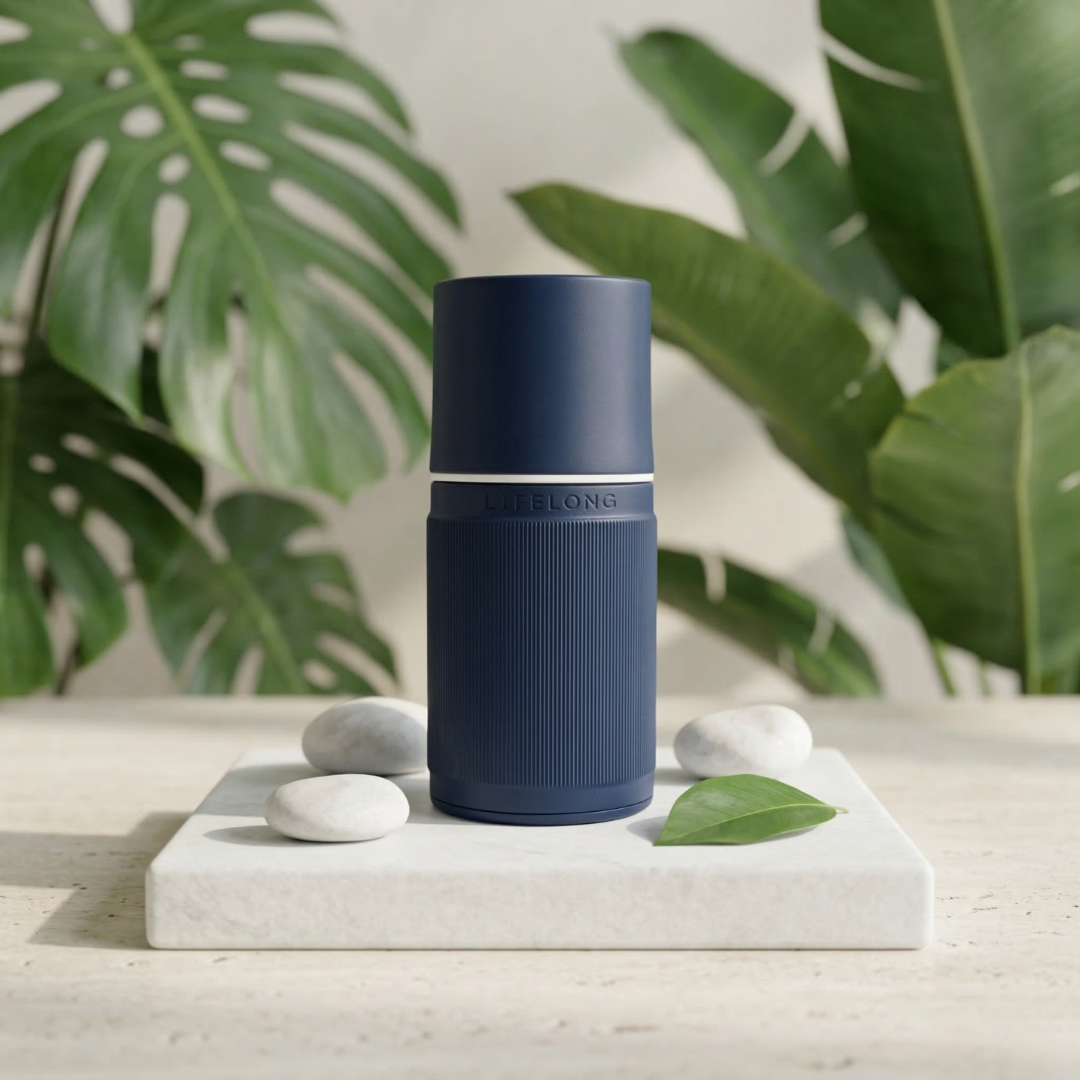 ★ Lifelong Vibes Navy Blue styled with plants and pebbles