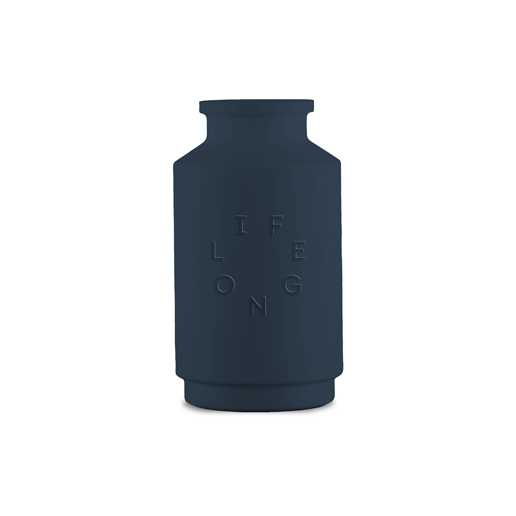 Navy blue silicone sleeve for the Lifelong refillable deodorant, debossed Lifelong logo