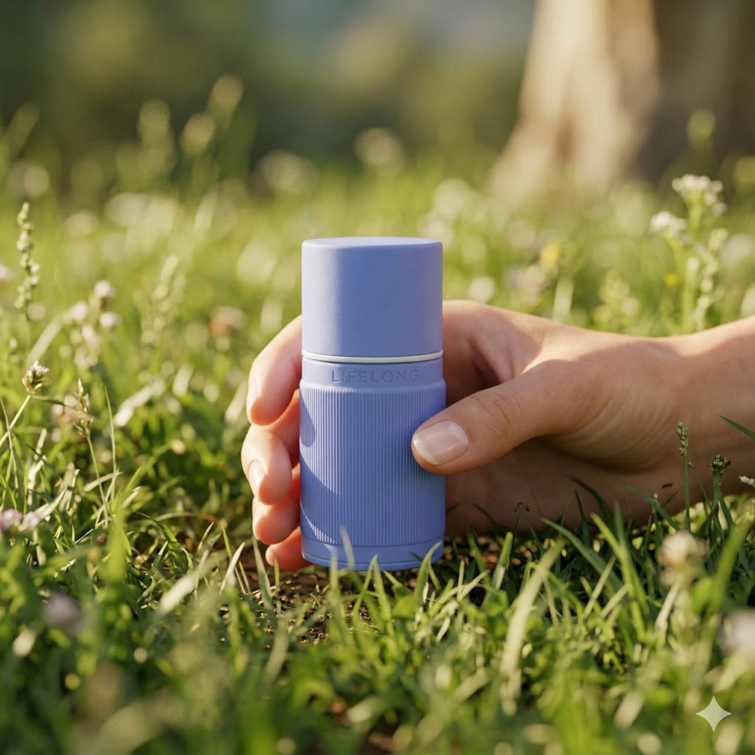 ★ Hand holding Lifelong Vibes Pale Blue in grass — lifestyle
