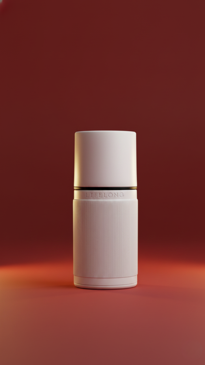 Lifelong Vibes White refillable deodorant — burgundy backdrop