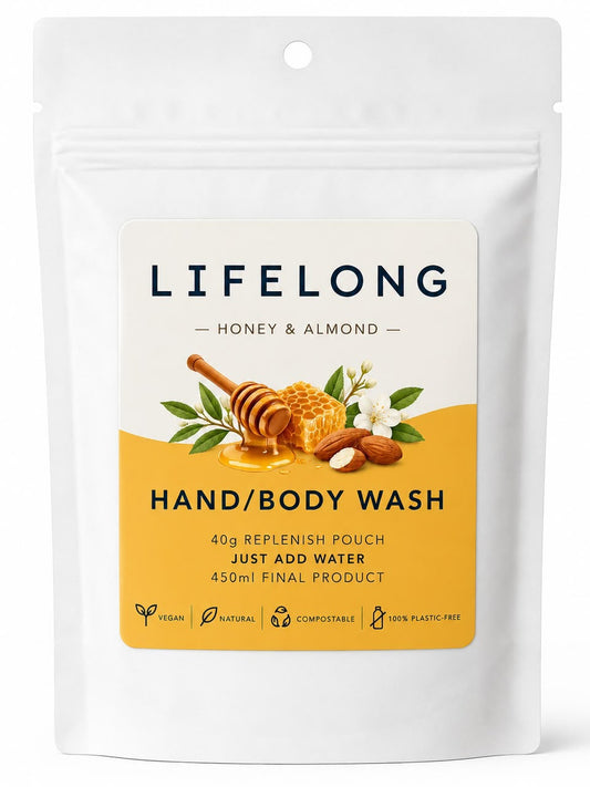 Lifelong Honey & Almond Hand & Body Wash Powder - 40g compostable replenish pouch, just add water, 450ml final product, vegan and 100% plastic-free.