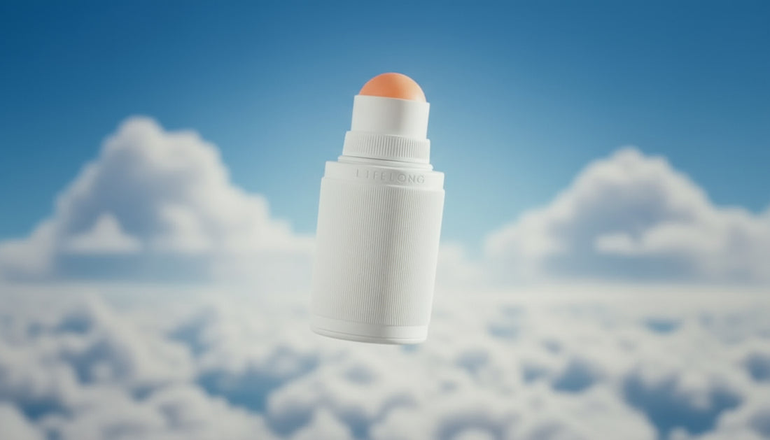 A cylindrical deodorant stick floating or suspended in air against a soft gradient background, shown upright with its cap on and soft shadows beneath.