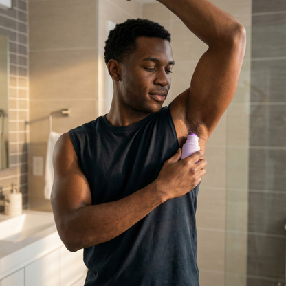 ★ Man applying Lifelong Vibes Pale Lilac in bathroom — natural deodorant