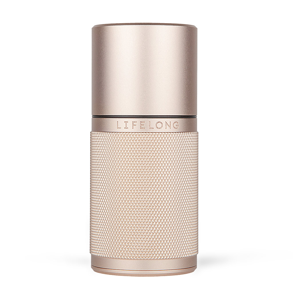 Gold-tone cylindrical deodorant stick with textured grip and “LIFELONG” brand name on cap.
