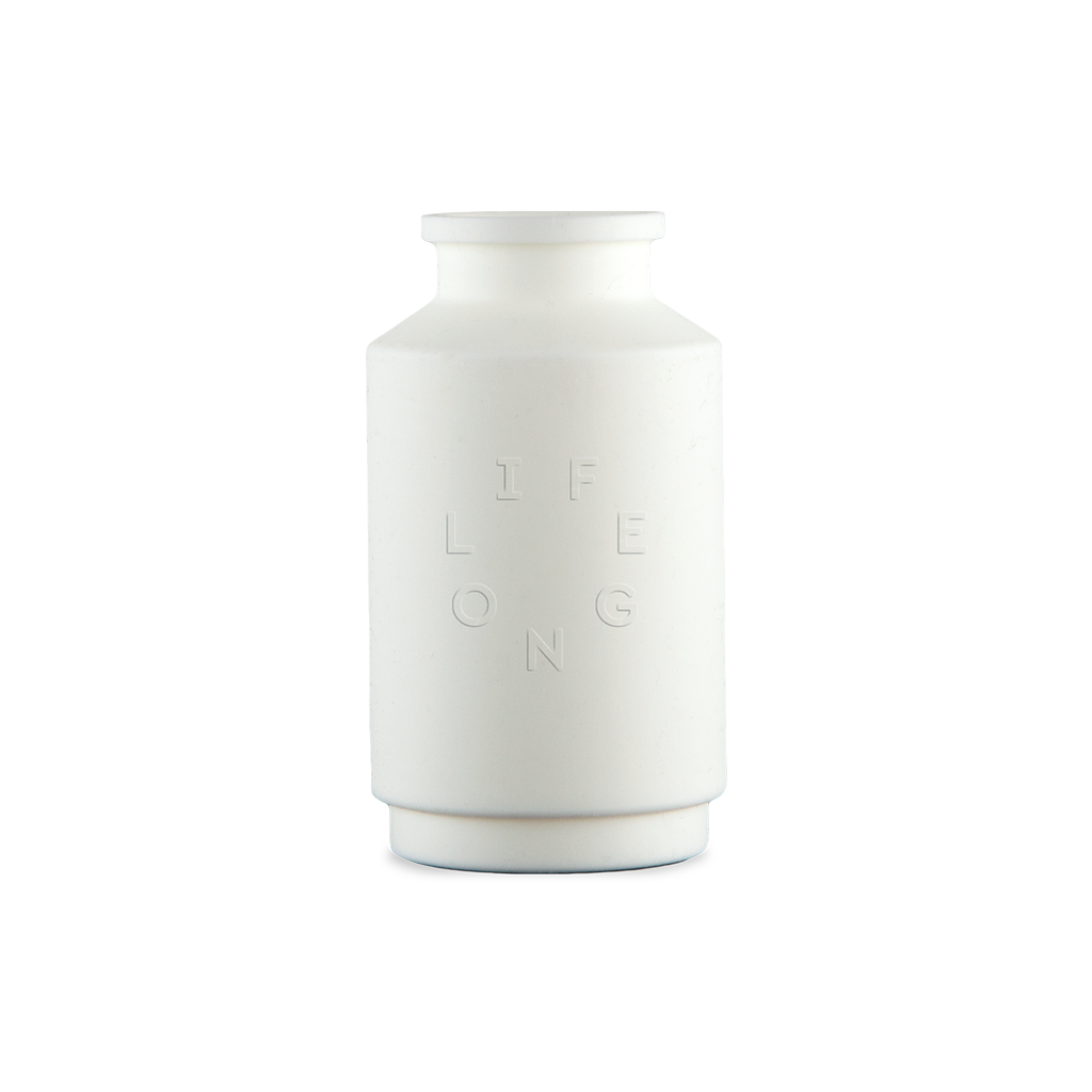 White silicone sleeve for the Lifelong refillable deodorant, debossed Lifelong logo