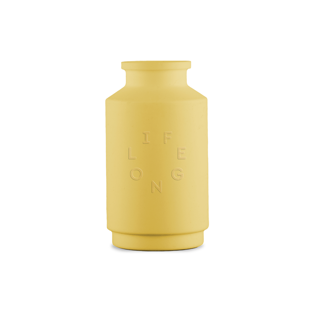 Yellow silicone sleeve for the Lifelong refillable deodorant, debossed Lifelong logo